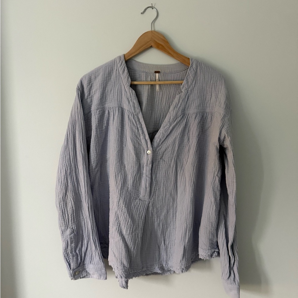 Free People Changing Horizon Blue Gauze Long Sleeve Raw Hem Blouse